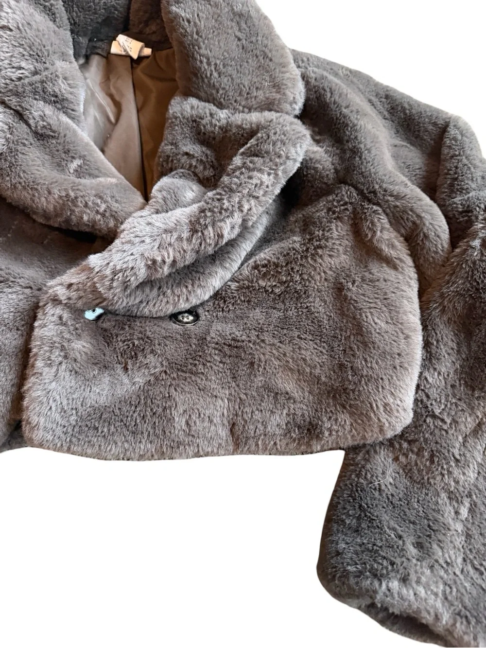 Song of Style Faux Fur Coat Brown Cropped Length Jacket Vegan Size Small Women's